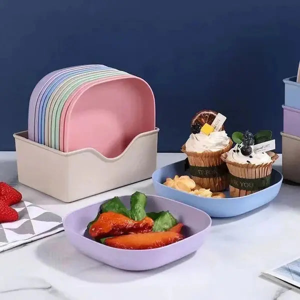 Pastel Plastic Snack Plates Set with Storage Stand – Reusable Dessert & Serving Plates for Home(Pack of 10) image 1